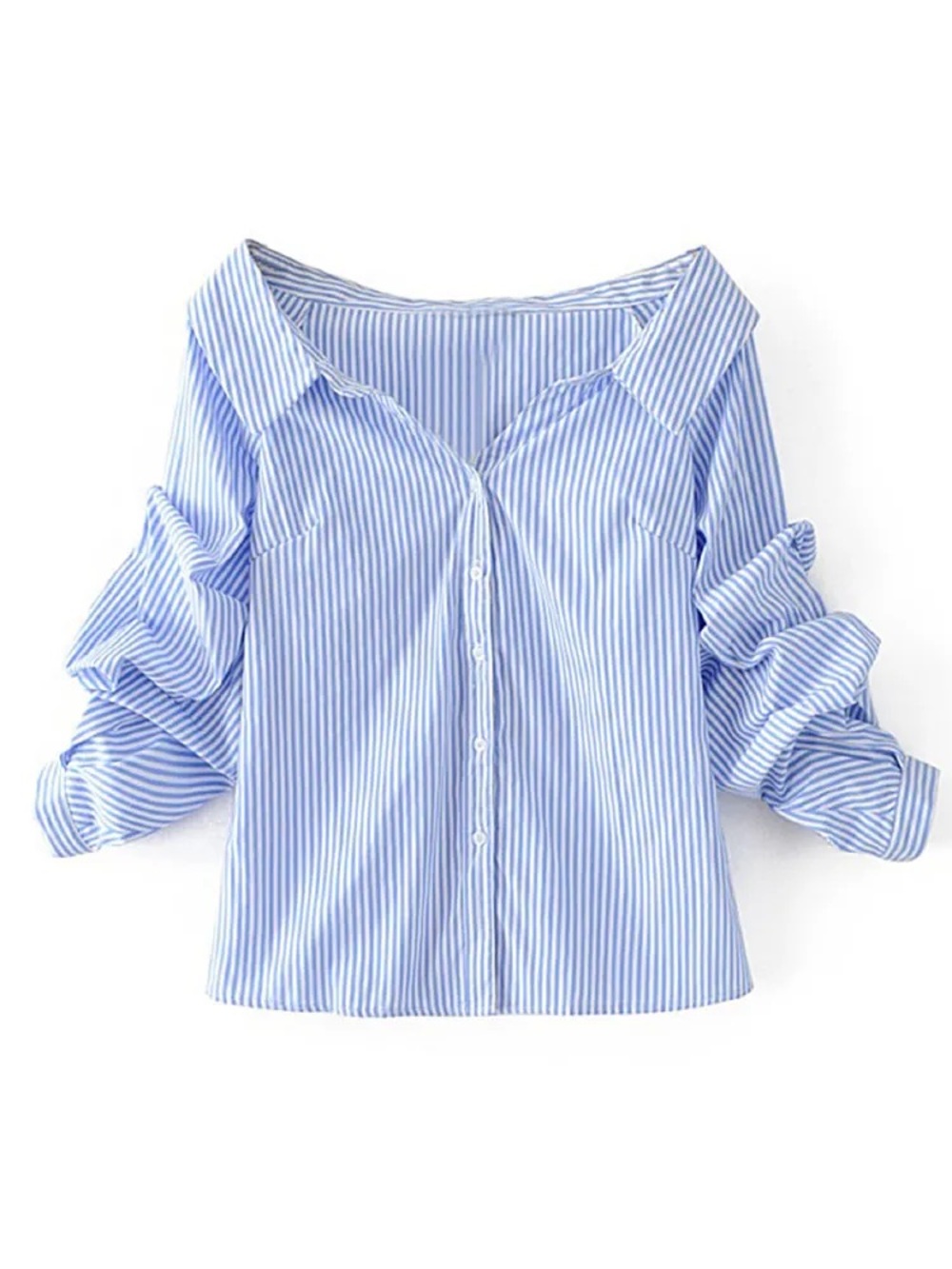 SHEIN Blue and White Striped Off-Shoulder Button-Down Blouse
